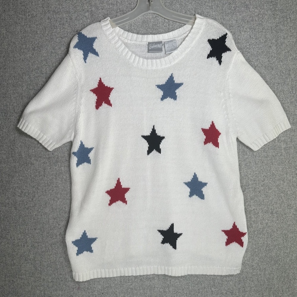 Vintage Blair Sweater Large Plus Short Sleeve Stars White Round Neck Womens